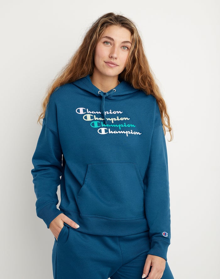 Sudadera Con Capucha Champion Mujer - Powerblend Fleece Relaxed Stacked Scripts Logo ( Azules ) 7059